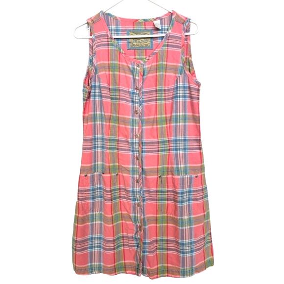 VTG Liz Claiborne Plaid Pink Blue Cotton Shift Sleeveless Jumper Sun Dress Sz 10 - Picture 8 of 10